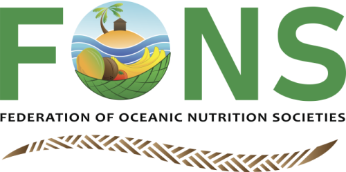 Logo image with FONS written in green text, with the image of an island surrounded by blue wavesand basket of food as the O. A brown woven mat is below the image as a wave.